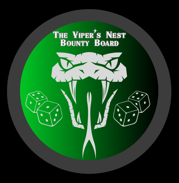 The Viper's Nest Bounty Board with viper face with fangs and tongue surrounded by dice.