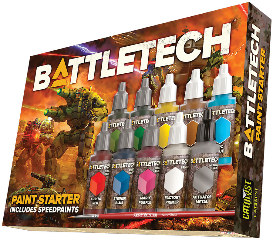 Box for Bettletech paint starter set with 10 colors and brush shown.  