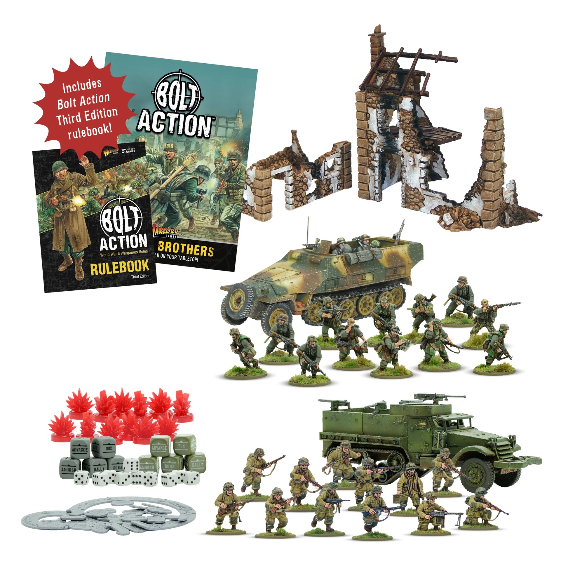 Bolt Action Start Set with figurines, vehicles, guide book and dice.