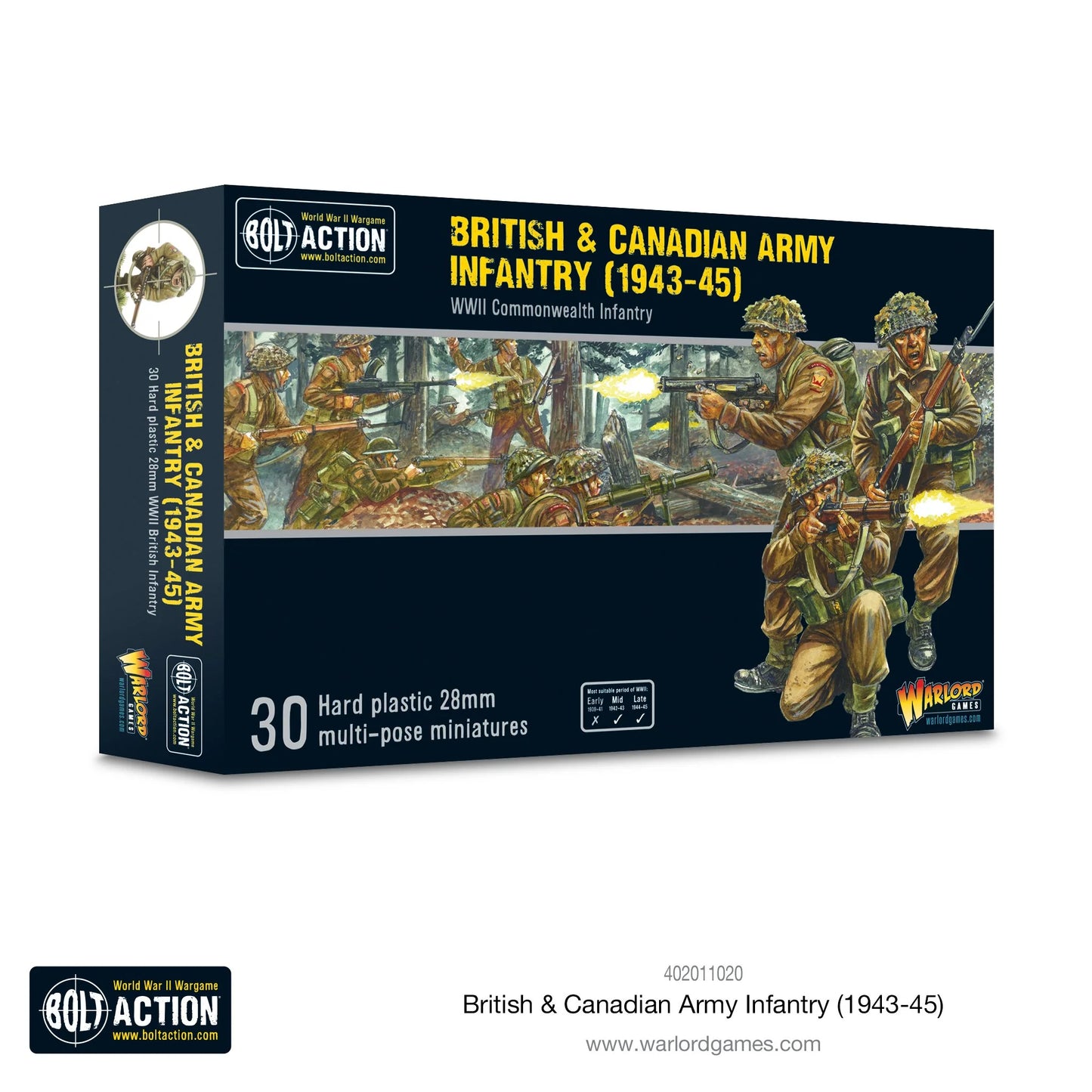 British and Canadian Army Infantry figurines, 30 multi posable and 28mm plastic. 