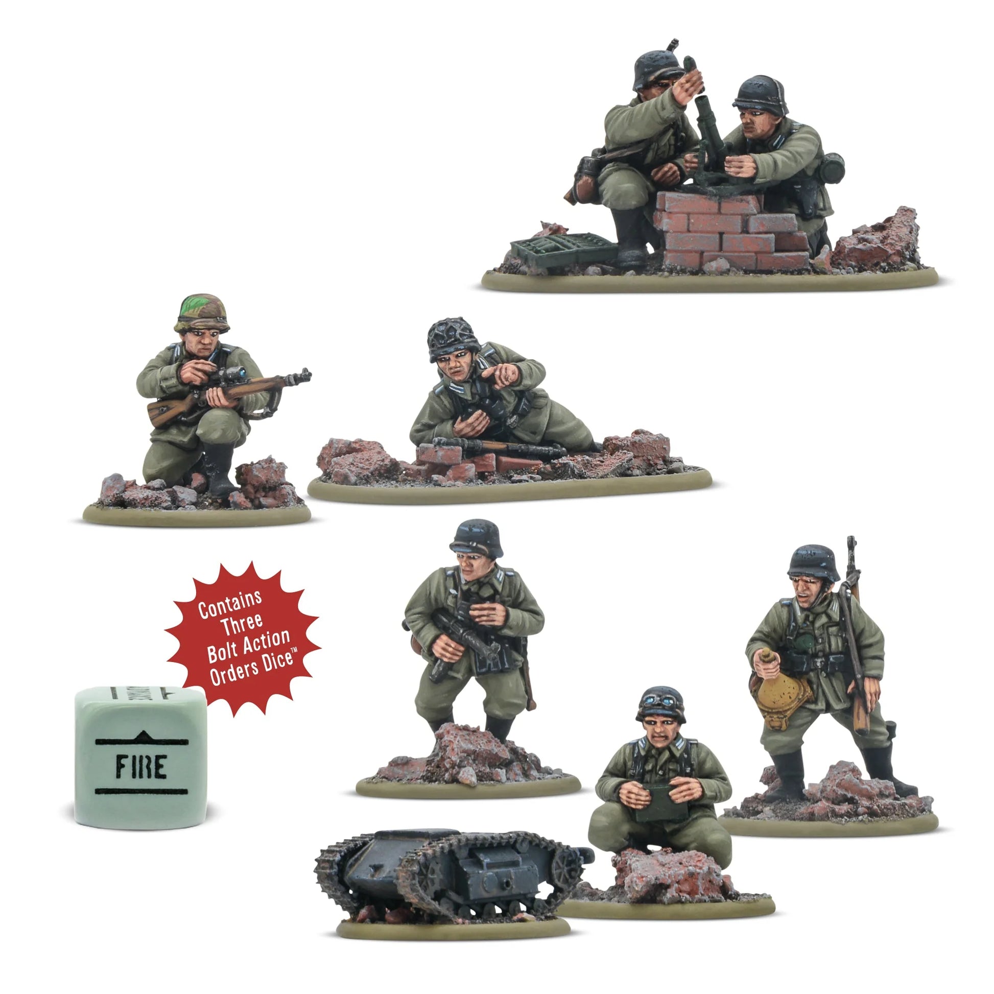 German soldiers in multi poses with tank figurine set. 